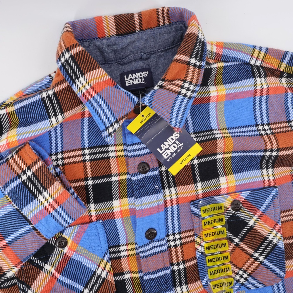 Lands' End Plaid Flannel Button Down Blue Orange Long Sleeve Mens Medium